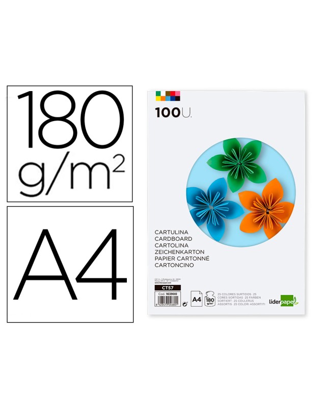 Cartulina liderpapel a4 180g/m2 25 colores surtidos paquete de 100 hojas