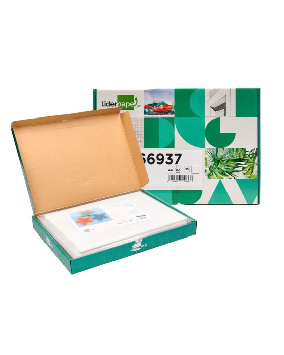 Cartulina liderpapel a4 180g/m2 blanco paquete de 25+5 hojas en carpeta dossier transparente