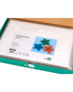 Cartulina liderpapel a4 180g/m2 blanco paquete de 25+5 hojas en carpeta dossier transparente