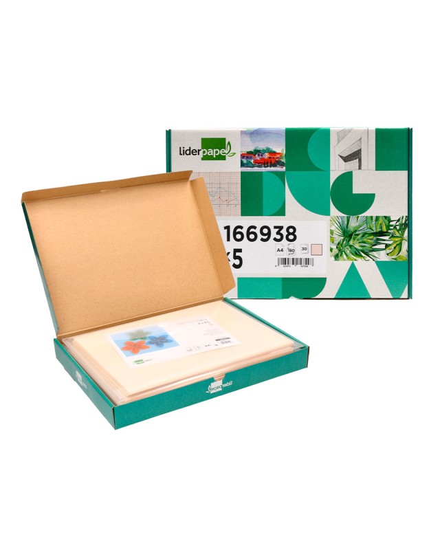 Cartulina liderpapel a4 180g/m2 crema paquete de 25+5 hojas en carpeta dossier transparente con cierre velcro