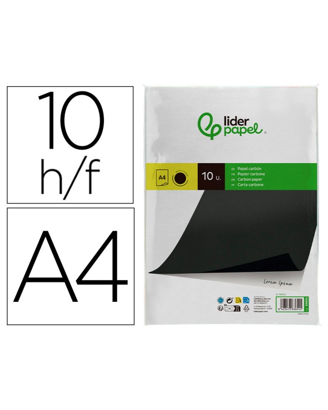 Papel carbon liderpapel negro din a4 bolsa de 10 hojas