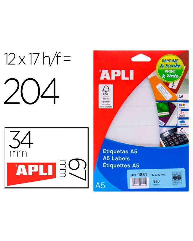 Etiqueta adhesiva apli blanca 12x30 mm sobre a5 de 990 unidades