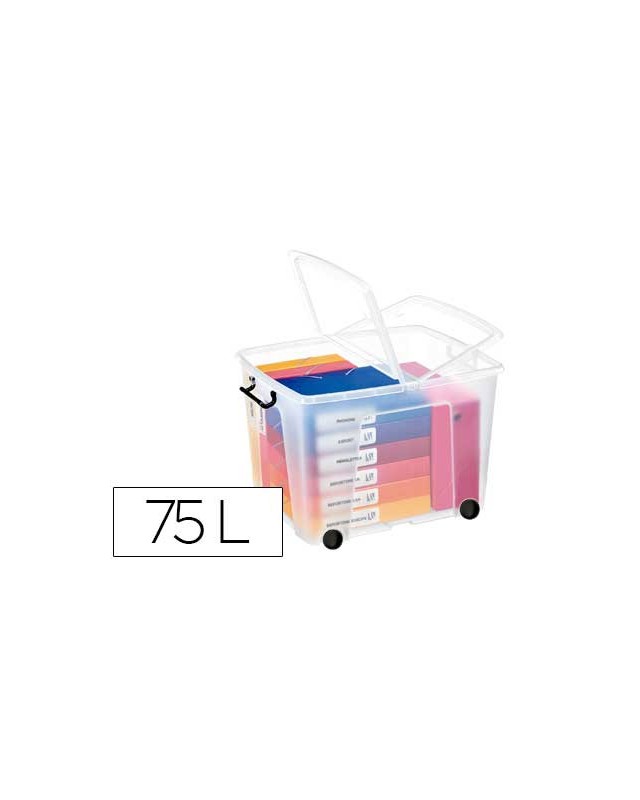 Contenedor plastico cep 75 litros 485x600x415 mm transparente con tapa cierre hermetico y 4 ruedas
