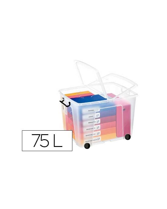 Contenedor plastico cep 75 litros 485x600x415 mm transparente con tapa cierre hermetico y 4 ruedas