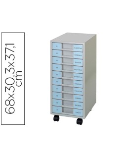 Archivador metalico clen 10 bandejas plastico de 5,5 cm de altura con ruedas color gris claro 680x303x371 mm