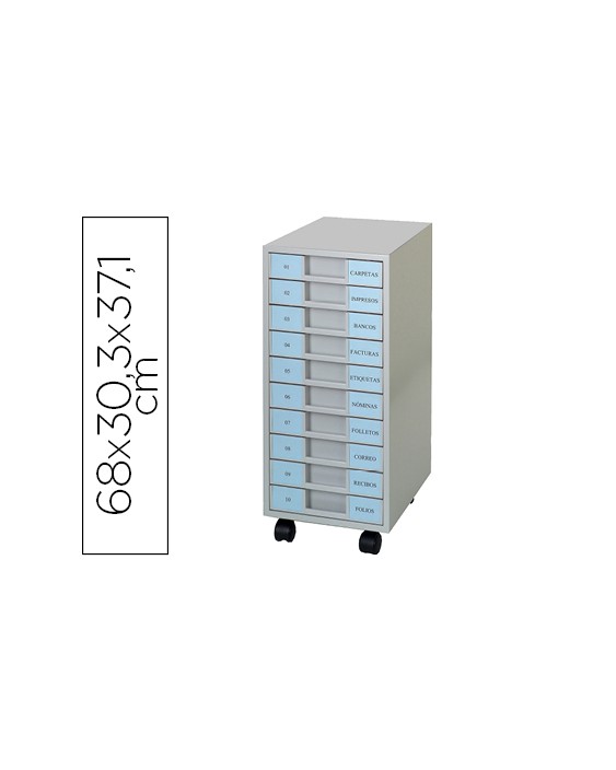 Archivador metalico clen 10 bandejas plastico de 5,5 cm de altura con ruedas color gris claro 680x303x371 mm