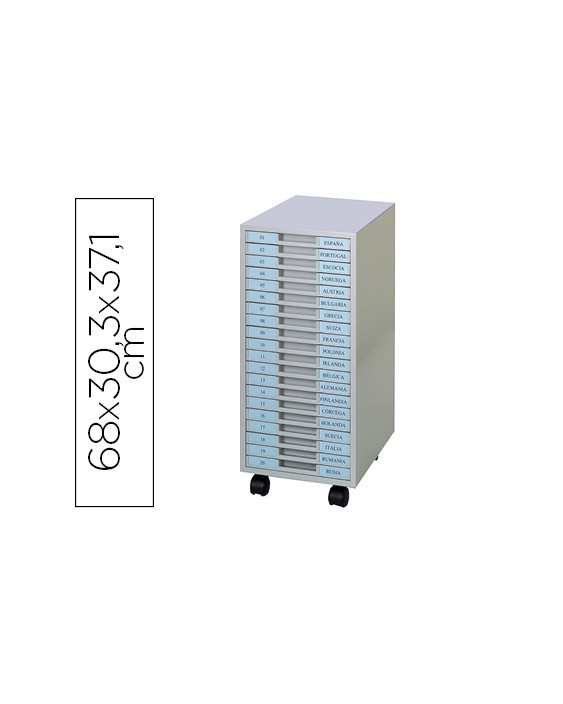 Archivador metalico clen 20 bandejas plastico de 2,5 cm de altura con ruedas color gris claro 680x303x371 mm