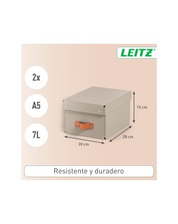 Caja de almacenaje leitz carton pequeña con asa de piel color beige pack de 2 unidades