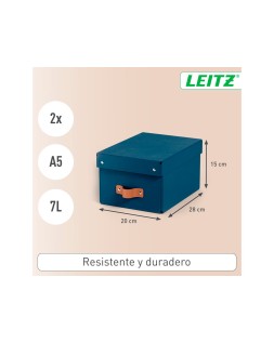 Caja de almacenaje leitz carton pequeña con asa de piel color azul pack de 2 unidades