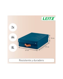 Caja de almacenaje leitz carton mediana baja con asa de piel color azul pack de 2 unidades