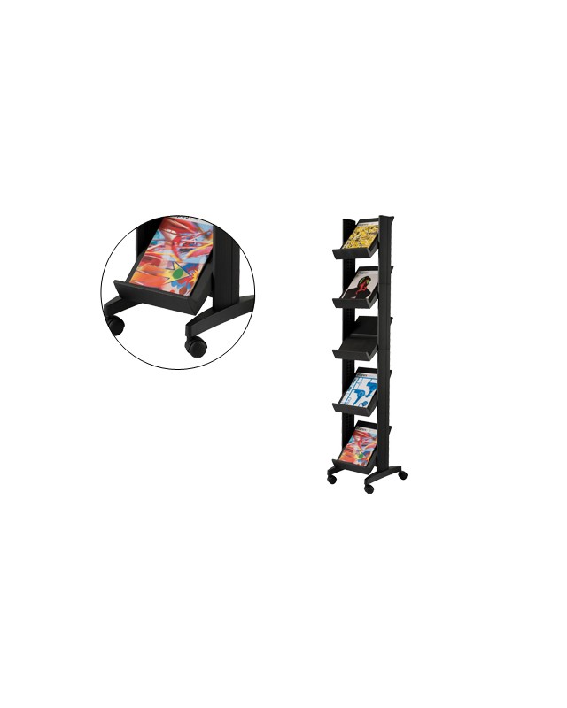 Expositor paperflow de suelo movil 5 estantes de 275x327mm color negro tamaño del expositor 350x1675x385 mm