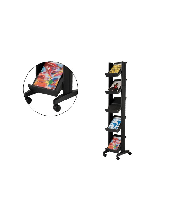 Expositor paperflow de suelo movil 5 estantes de 275x327mm color negro tamaño del expositor 350x1675x385 mm