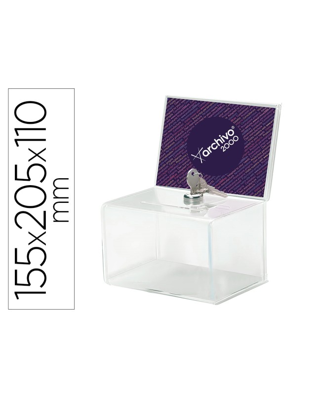 Buzon de sugerencia archivo 2000 con cerradura y dos llaves color cristal transparente 110x155x205 mm