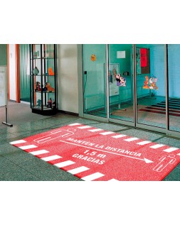 Alfombra para suelo de paso novus manten la distancia de 1,5 m gracias fondo rojo 85x150 cm