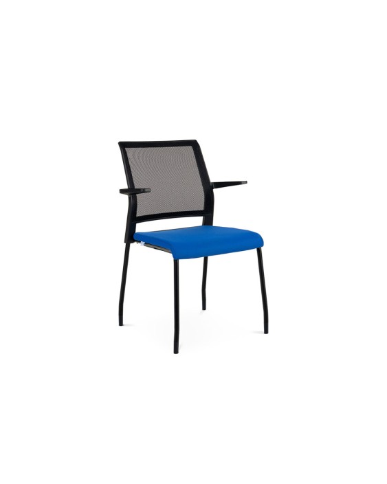 Silla rocada confidente brazos fijos estructura metalica asiento tela ignifuga azul respaldo malla