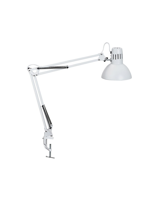 Lampara de escritorio maul metal 57w doble brazo cabezal orientable pinza blanca
