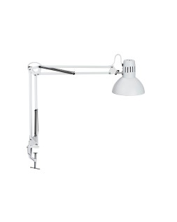 Lampara de escritorio maul metal 57w doble brazo cabezal orientable pinza blanca