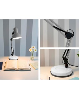 Lampara de escritorio q-connect polaris metalica con interruptor brazo doble tres articulaciones color blanco