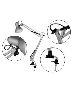 Lampara de escritorio q-connect antares metalica conpinza interruptor brazo doble 3 articulaciones color plata