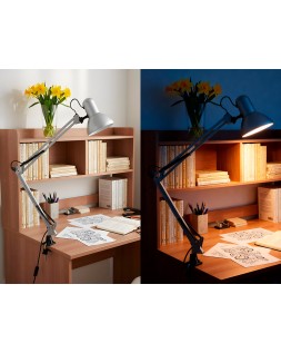 Lampara de escritorio q-connect antares metalica conpinza interruptor brazo doble 3 articulaciones color plata