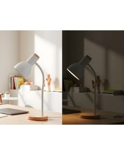 Lampara de escritorio q-connect orion metalica con detalles de madera brazo flexible color blanco