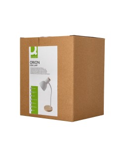 Lampara de escritorio q-connect orion metalica con detalles de madera brazo flexible color blanco