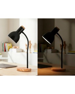 Lampara de escritorio q-connect orion metalica con detalles de madera brazo flexible color negro