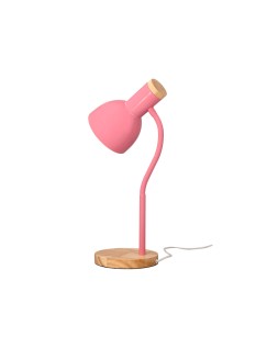 Lampara de escritorio q-connect orion metalica con detalles de madera brazo flexible color rosa