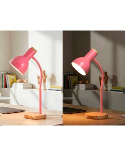Lampara de escritorio q-connect orion metalica con detalles de madera brazo flexible color rosa