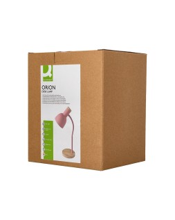 Lampara de escritorio q-connect orion metalica con detalles de madera brazo flexible color rosa