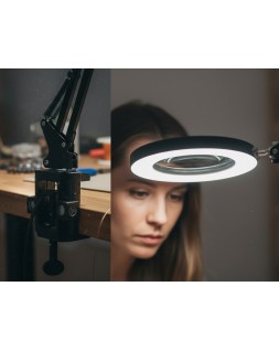 Lampara de escritorio q-connect hadar led 8w 380lm aluminio con pinza y lupa brazo doble color negro