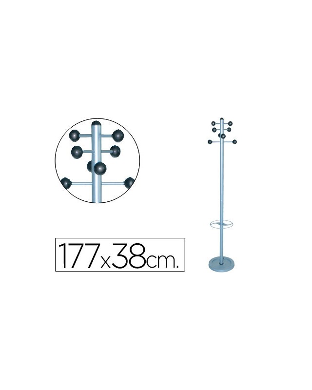 Perchero metalico pie con paraguero 8 colgadores color plata 177x38 cm