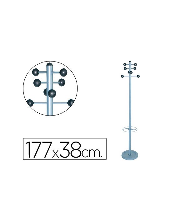 Perchero metalico pie con paraguero 8 colgadores color plata 177x38 cm