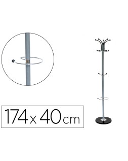 Perchero metalico q-connect gris de pie 10 colgadores y paraguero 174x40cm