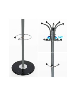 Perchero metalico q-connect gris de pie 10 colgadores y paraguero 174x40cm