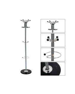 Perchero metalico q-connect gris de pie 10 colgadores y paraguero 174x40cm