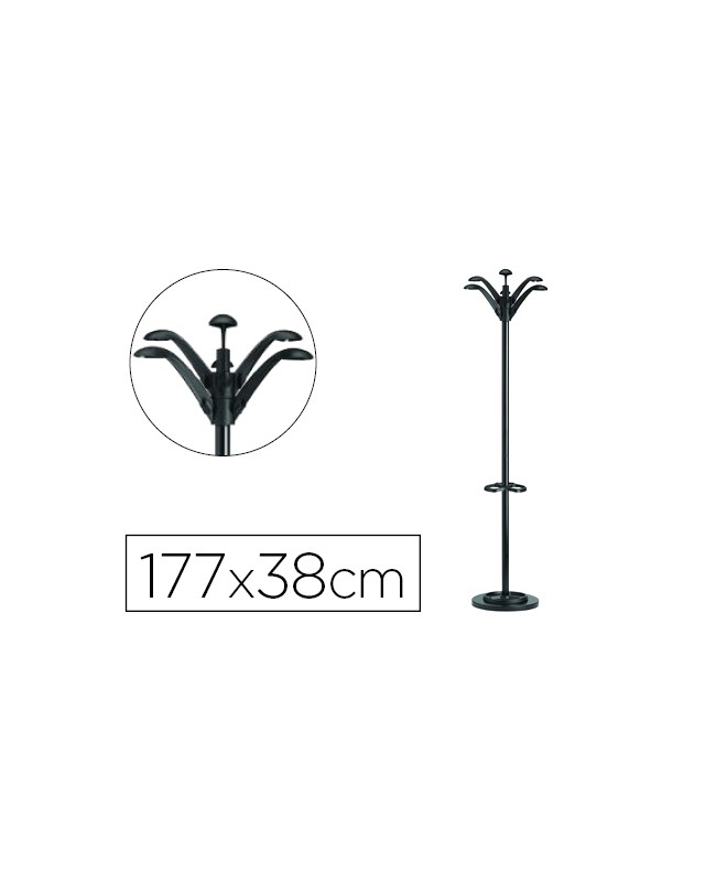 Perchero metalico unilux flora pie 6 colgadores con paraguero y bandeja goteo negro 177x38 cm