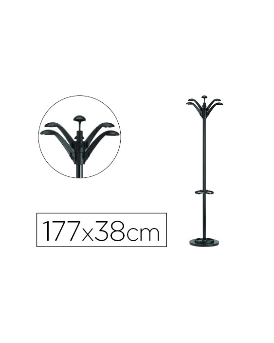 Perchero metalico unilux flora pie 6 colgadores con paraguero y bandeja goteo negro 177x38 cm