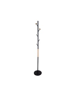 Perchero metalico q-connect negro con detalles de madera 5 colgadores 177x28,5 cm