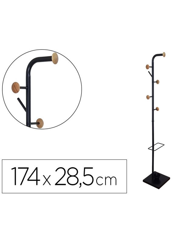 Perchero metalico q-connect negro con detalles de madera 6 colgadores y paraguero 174x28,5 cm