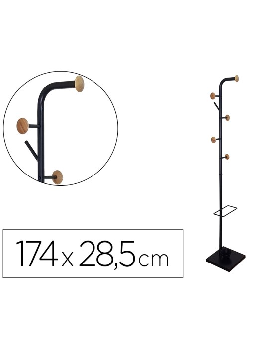Perchero metalico q-connect negro con detalles de madera 6 colgadores y paraguero 174x28,5 cm