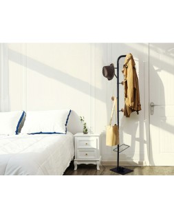 Perchero metalico q-connect negro con detalles de madera 6 colgadores y paraguero 174x28,5 cm