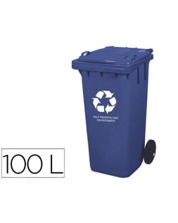 Papelera contenedor q-connect plastico con tapadera 100l color azul 800x510x525 mm con ruedas