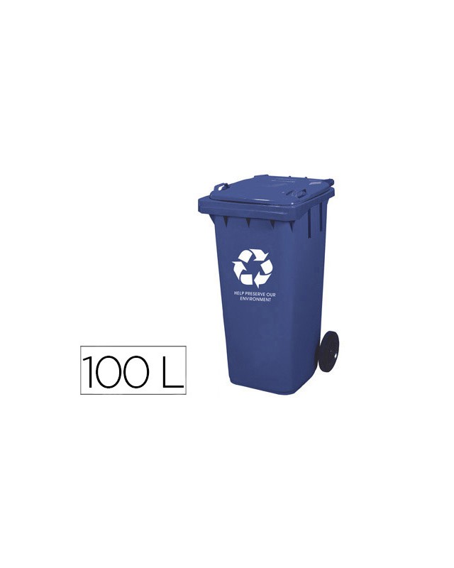 Papelera contenedor q-connect plastico con tapadera 100l color azul 800x510x525 mm con ruedas