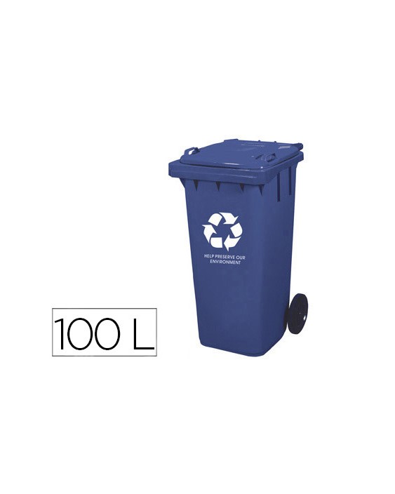 Papelera contenedor q-connect plastico con tapadera 100l color azul 800x510x525 mm con ruedas