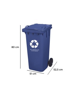 Papelera contenedor q-connect plastico con tapadera 100l color azul 800x510x525 mm con ruedas