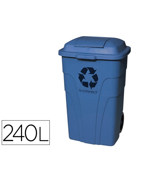 Papelera contenedor q-connect plastico con tapadera 240l color azul 1040x620x610 mm con ruedas