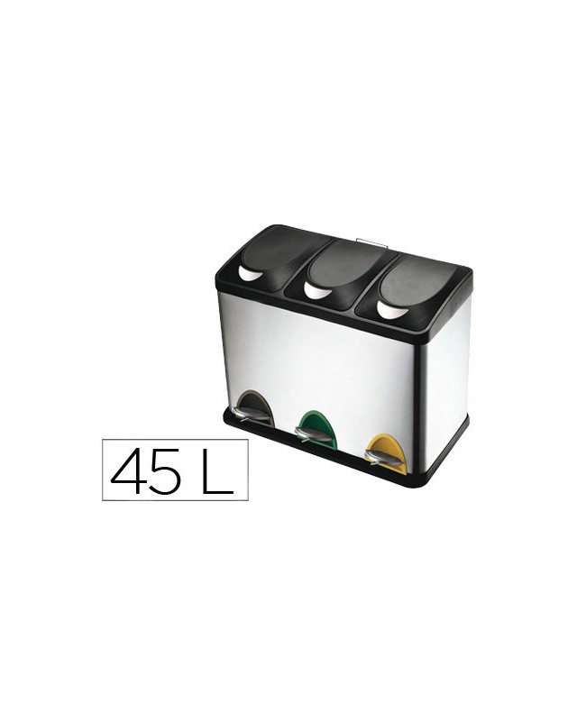 Papelera contenedor q-connect metalica con tapadera de plastico y pedal 3 depositos 45l 605x340x485 mm
