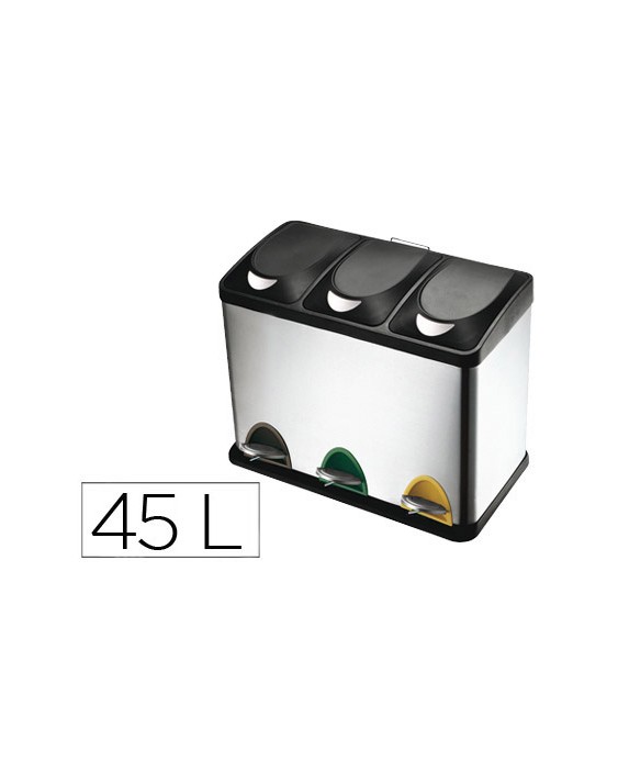 Papelera contenedor q-connect metalica con tapadera de plastico y pedal 3 depositos 45l 605x340x485 mm