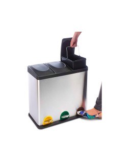 Papelera contenedor q-connect metalica con tapadera de plastico y pedal 3 depositos 45l 605x340x485 mm